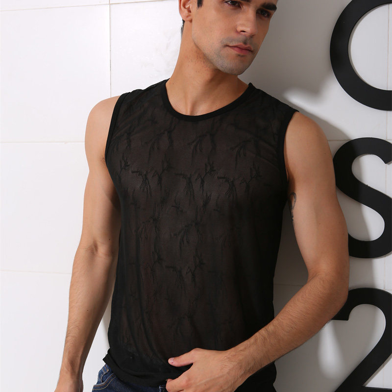 诗华男士夏季提花纹全透明透视网纱时尚镂空宽肩无袖背心坎肩包邮