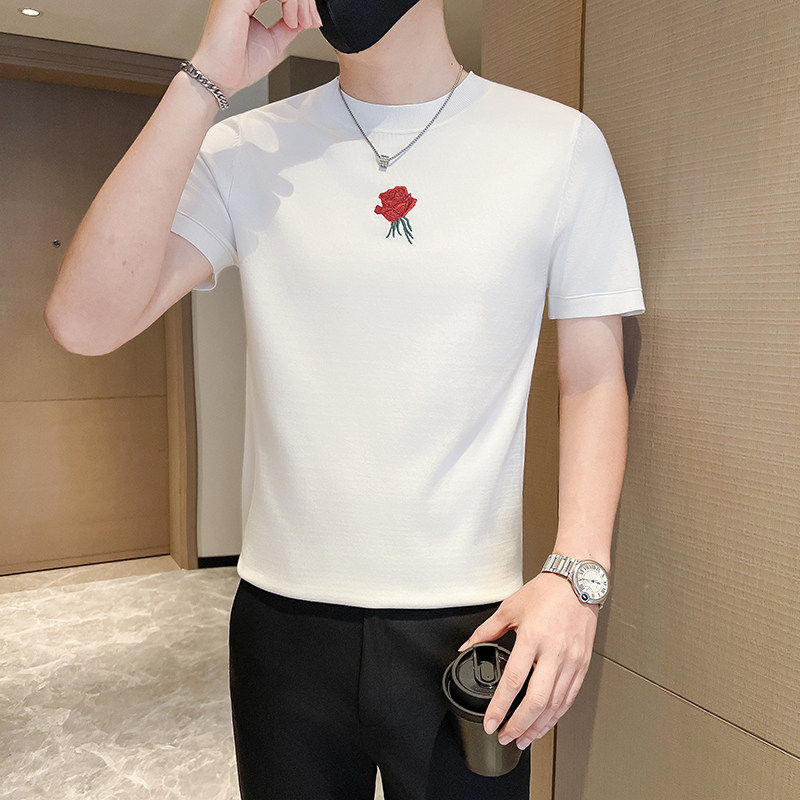 矮个子小码男装潮流刺绣针织短袖T恤男S号XS修身套头毛衣男打底衫