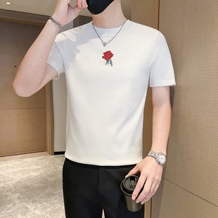 套头毛衣男打底衫 矮个子小码 T恤男S号XS修身 潮流刺绣针织短袖 男装
