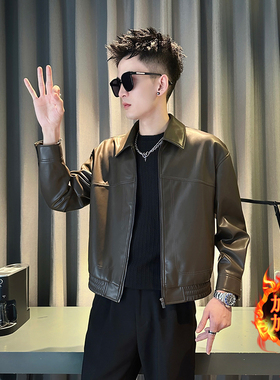 矮个子小码男装加绒加厚皮夹克男S号XS155修身皮外套小版纯色皮衣