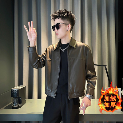 矮个子小码男装加绒加厚皮夹克男S号XS155修身皮外套小版纯色皮衣