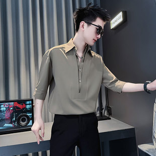夏季小码潮流纯色五分袖衬衫男矮个子XS号修身中袖衬衣设计感上衣