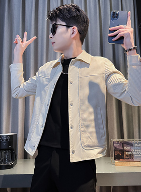 小码男装春季潮流拼接翻领外套男S号XS155修身短款上衣服简约夹克
