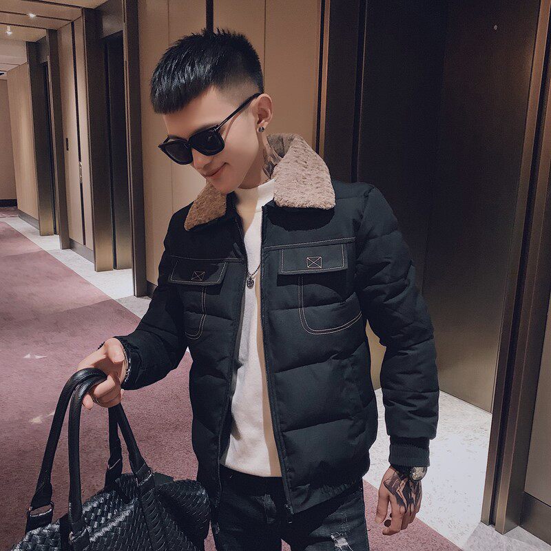 小码男装冬季羊羔毛领棉衣男保暖加厚外套韩版修身短款矮个子棉服