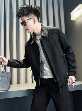 小码男装潮流翻领假两件外套男矮小个子修身S号XS155短款夹克上衣