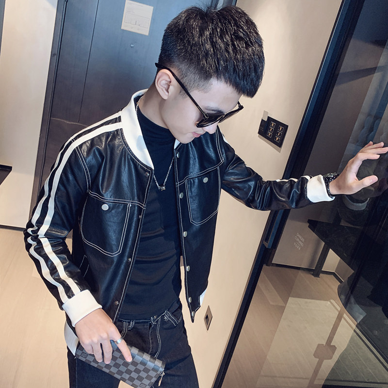 XS号小码皮夹克韩版潮流修身皮外套男修身短款网红上衣棒球领上衣