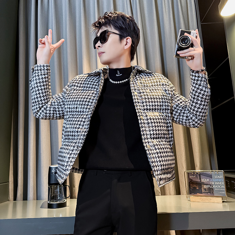 矮小个子小码棉袄潮流千鸟格棉衣男简约立领棉服XS号修身加厚外套