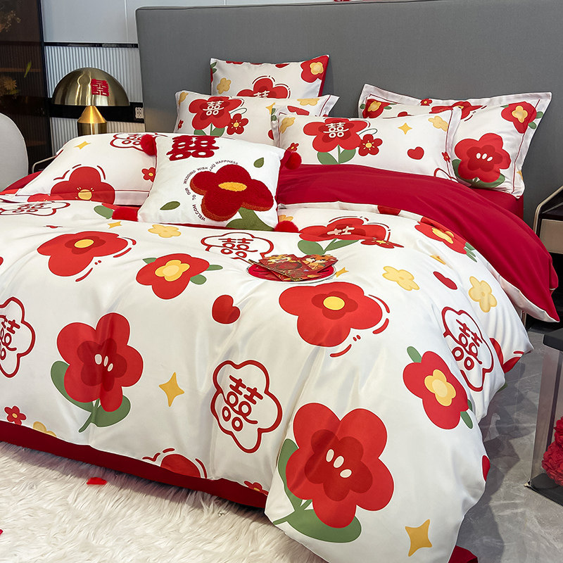 INS STYLE WEDDING FOUR-PIECE WEDDING BEDDING THICKENED RED QUILT COVER BED SHEETS NEWLYWED ROOM HAPPY TO BE MARRIED 4