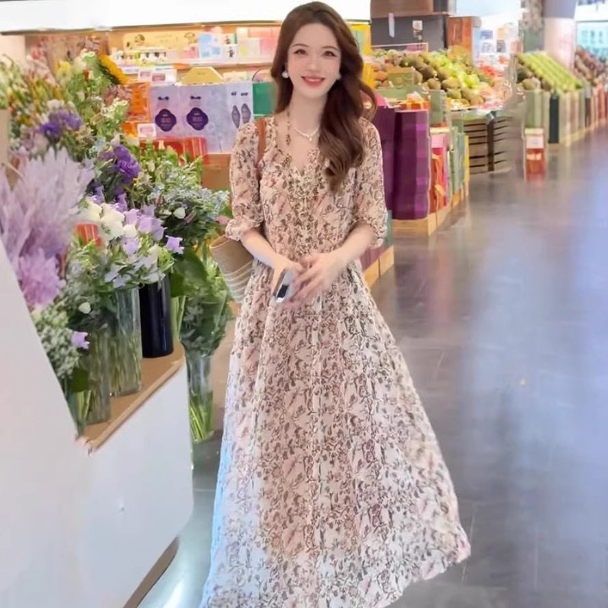 桑蚕丝混纺碎花连衣裙夏季新款法连衣裙