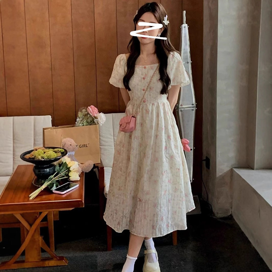大码法式刺绣碎花连衣裙女夏季温柔风收腰显瘦泡泡袖气质长款裙子