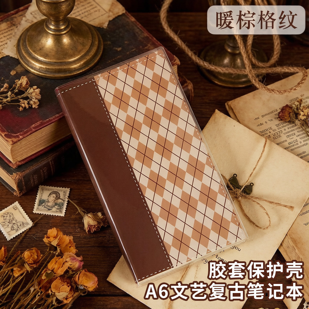法拉蒙复古风A6本子带胶套保护壳千鸟格空白手账本笔记本本子可平摊2026年新款文艺怀旧风菱格纹记事本伴手礼图片