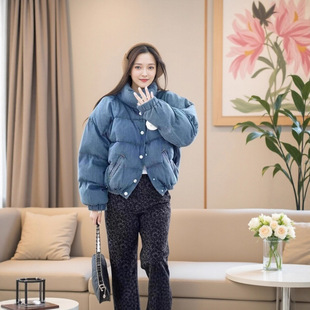 现货金珍妮同款牛仔蓝色棉服女25冬季小个子短款立领外套棉衣棉袄
