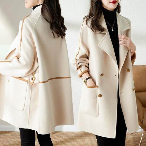 毛呢外套女2024秋冬新款时尚韩版插肩袖双排扣气质西装领羊毛大衣