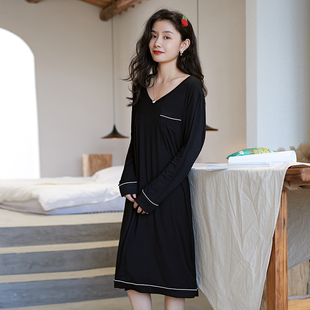 莫代尔睡裙女长袖春秋长款大码冬季性感可爱睡衣显瘦带胸垫家居服