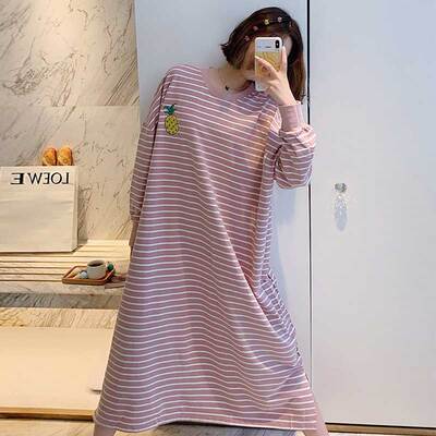 条纹睡裙女春秋季长袖纯棉休闲睡衣韩版宽松大码胖mm家居服秋冬款