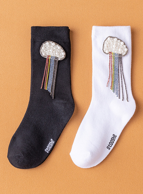 原创设计中筒袜女小腿袜纯棉黑色瘦腿JK云朵流苏袜四季款白色女袜