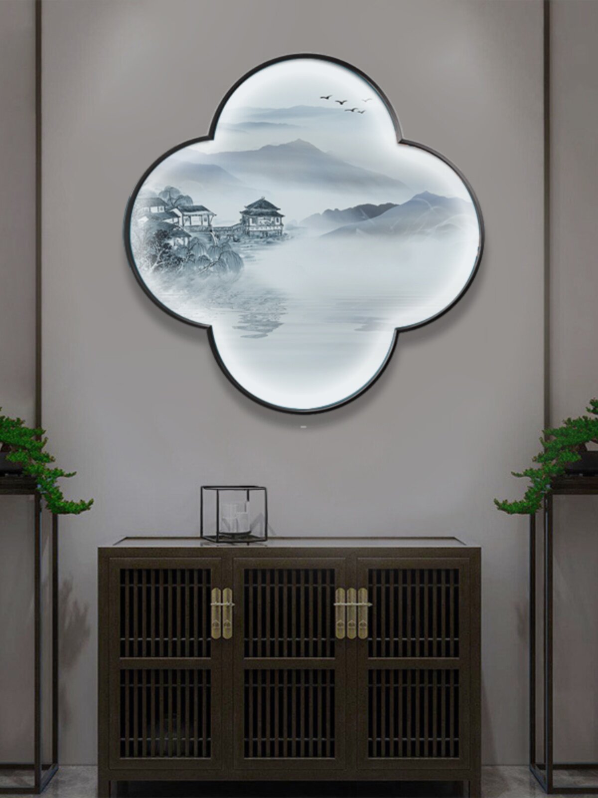 山水卷新中式玄关梅花形装饰画走廊中国风客厅沙发背景墙书房挂画