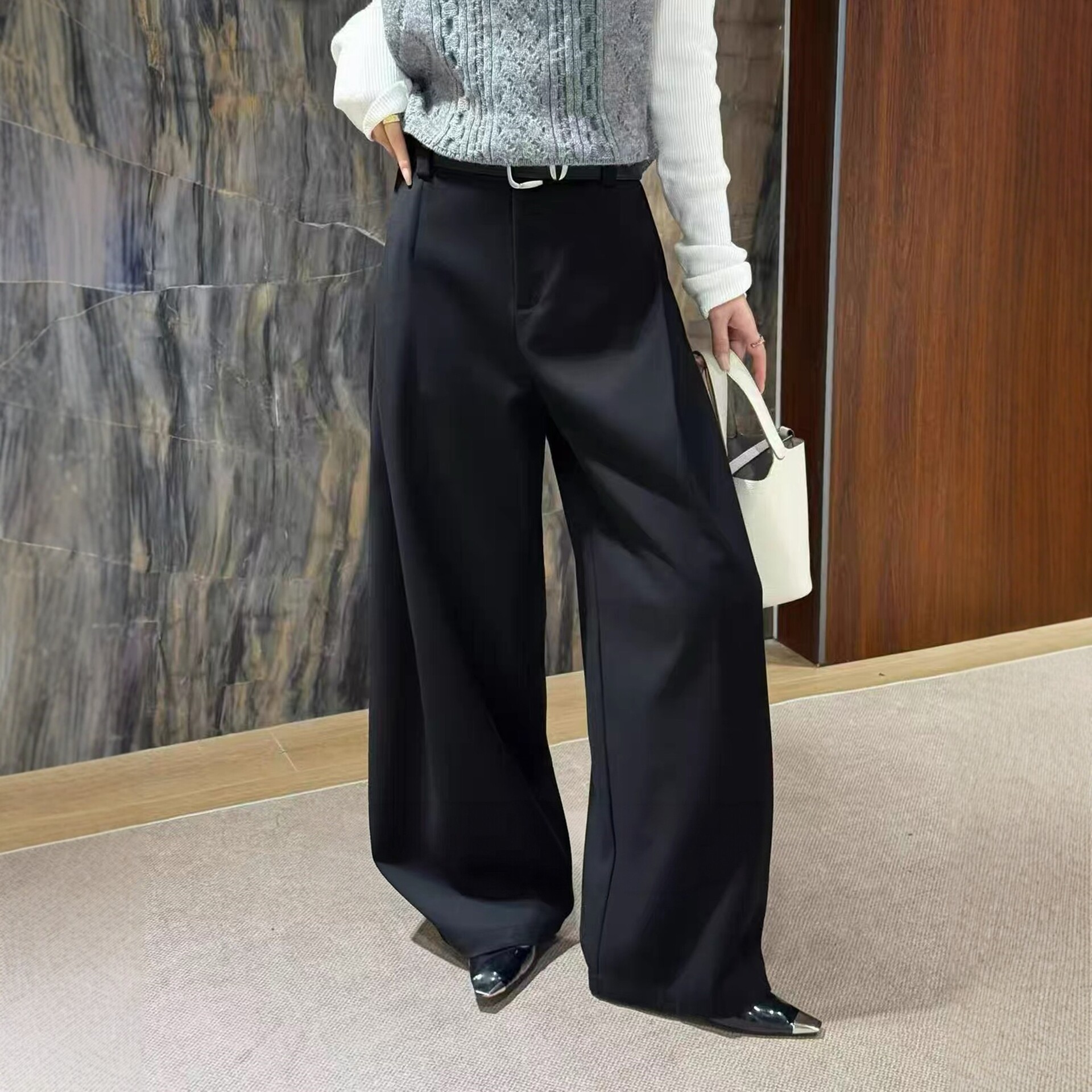 南油欧货2026秋季感高腰压褶西装阔腿裤女垂坠宽松显瘦西装长裤女