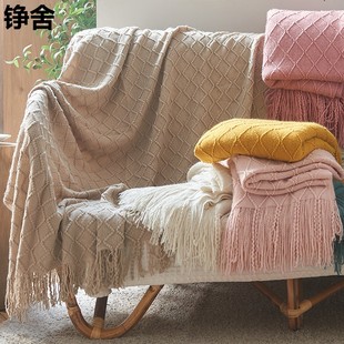 北欧复古菱格毛线毯子纯色针织毯床尾毯床搭沙发毯搭巾床尾巾