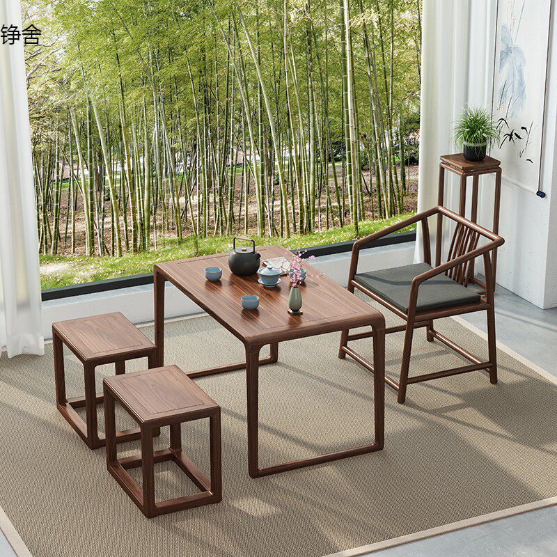 新中式茶桌椅组合黑胡桃木简约实木禅意泡茶台小户型原木阳台茶桌