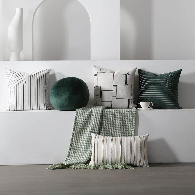 现代简约绿色提花刺绣抱枕靠垫套客厅沙发抱枕组合样间软装配饰