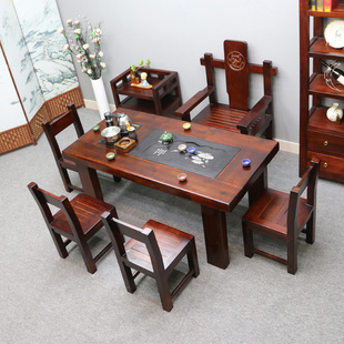 一体家用茶几阳台小型办公泡茶桌 实木茶桌椅组合老船木小茶台套装