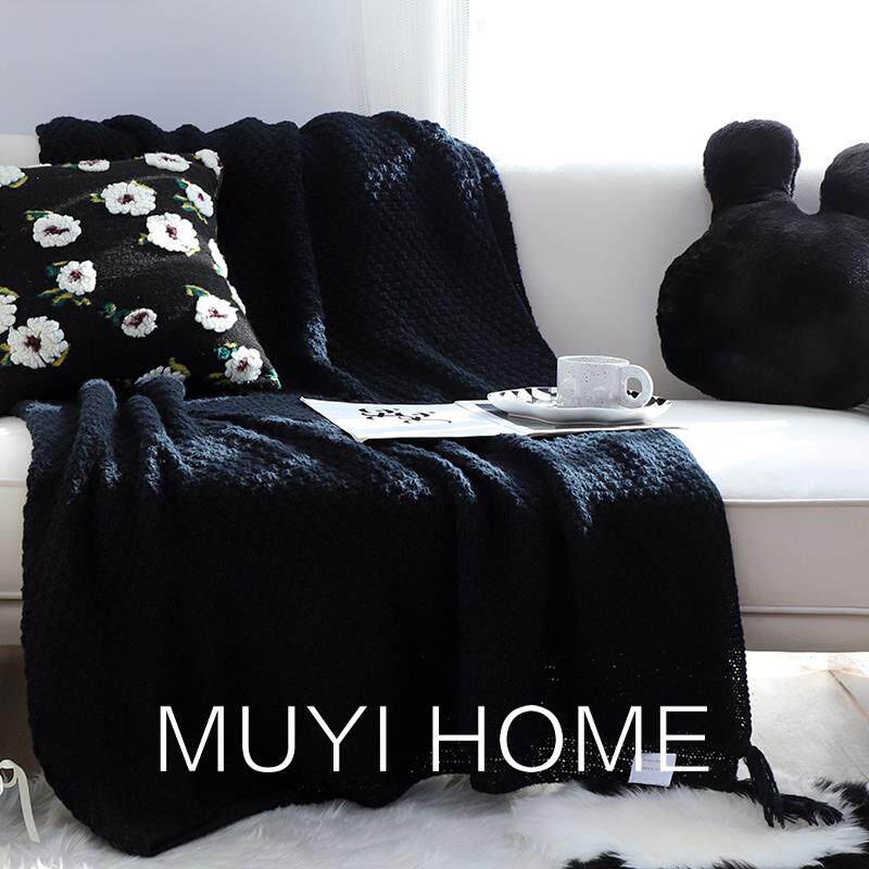 北欧复古风天鹅绒毛毯针织毯办公室午睡毯子黑色高级沙发盖毯