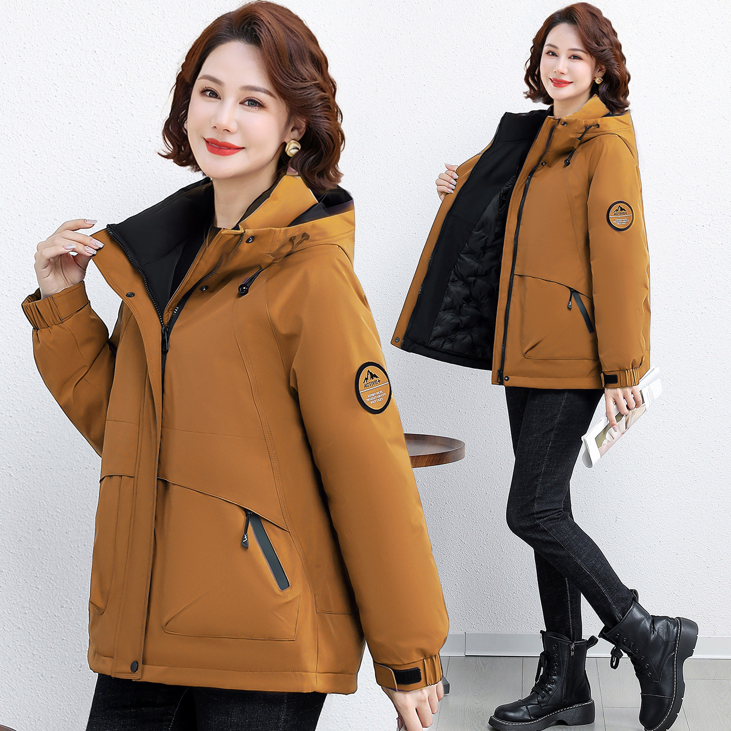 中老年妈妈冲锋衣连帽棉服女2025冬季新款保暖御寒休闲派克服外套