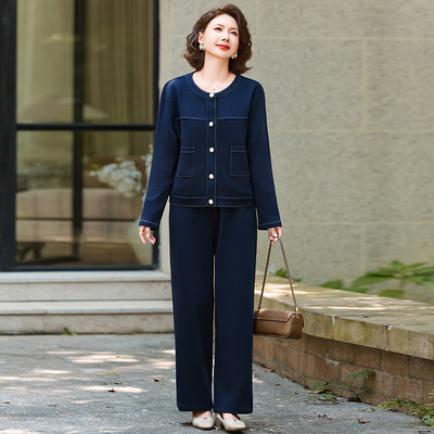 中老年妈妈纯色上衣裤子两件套潮