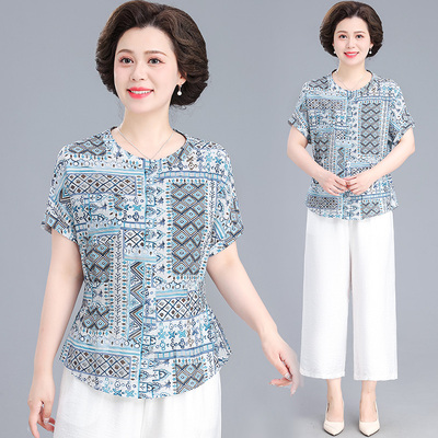 2025年夏季短袖时尚印花衬衫新款洋气中老年百搭上衣修身遮肚小衫