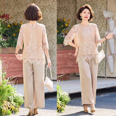 中老年妈妈蕾丝上衣裤子两件套潮
