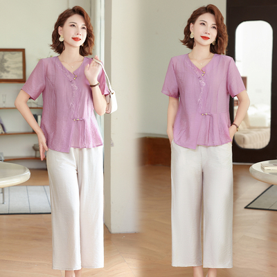 夏季新款中老年妈妈显瘦减龄套装