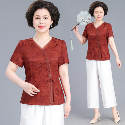 时尚气质印花短袖t恤女2025夏季新款洋气减龄显瘦百搭国风V领上衣