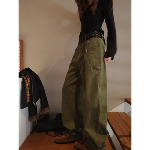 美式 新款 复古低腰工装 裤 女 留下 休闲宽松廓形显瘦绿色长裤 1992