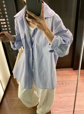 留下 1992 蹲 了很久的自留蓝色衬衫 松弛廓形大版上衣