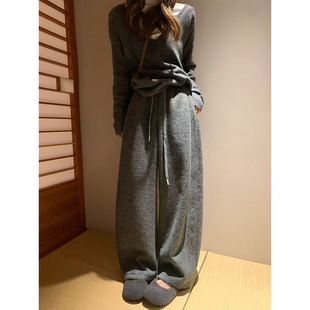 宽松直筒长裤 留下 女休闲百搭阔腿裤 秋冬灰色加绒加厚弯刀裤 1992