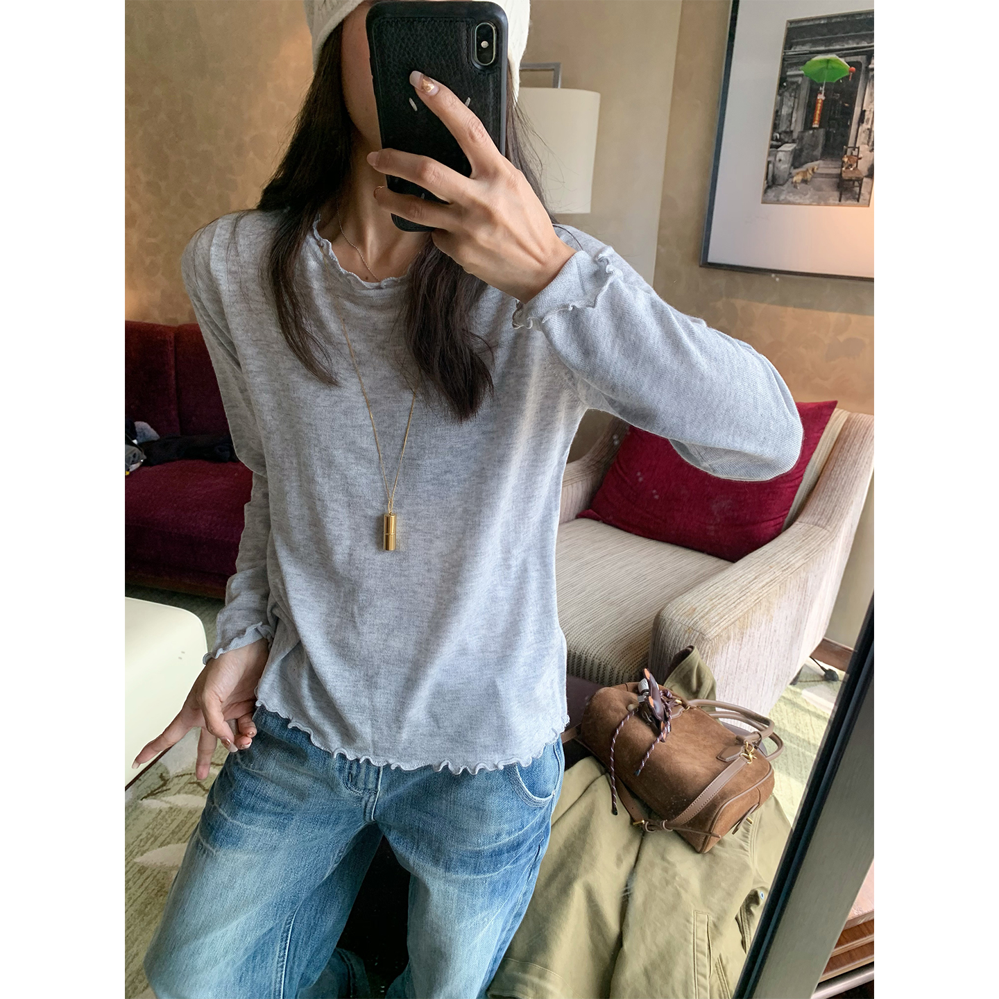 秋冬新品慵懒风木耳边打底衫女