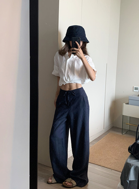 留下 1992夏季薄款藏青色亚麻宽松直筒裤女百搭显瘦窄版阔腿裤女