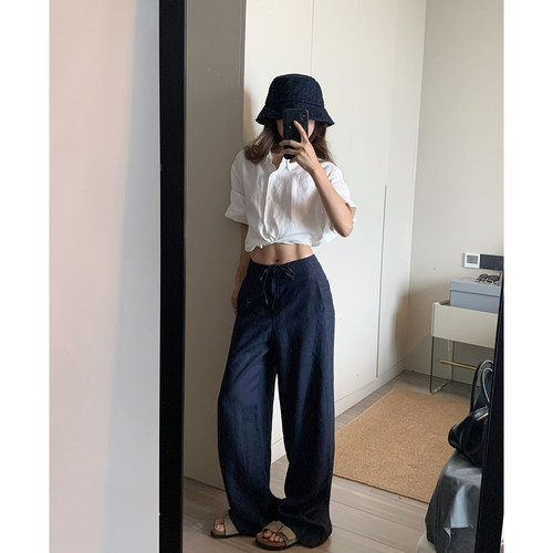 夏季薄款藏青色亚麻宽松直筒裤女
