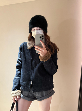 留下 1992 加厚夹棉丹宁拼接棉混纺黄色格纹短款牛仔拼毛翻领外套