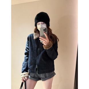 牛仔拼毛翻领外套 加厚夹棉丹宁拼接棉混纺黄色格纹短款 留下 1992