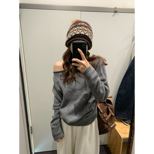 女 复古斜肩慵懒风洋气软糯套头毛衣女斜肩绵羊毛针织衫 留下 1992