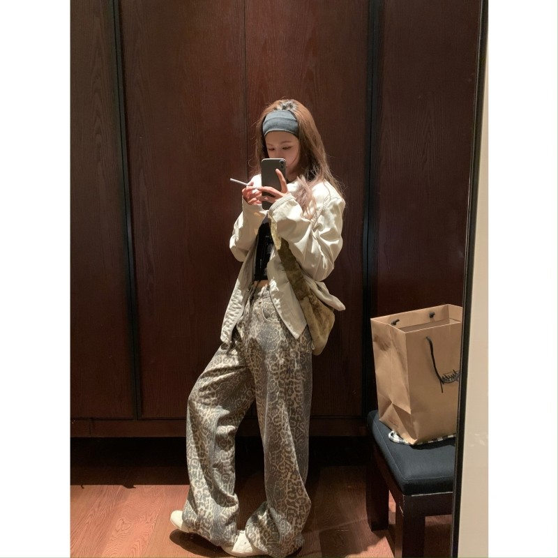 留下 1992 软牛仔中古感千禧时髦做旧豹纹水洗拖地裤牛仔阔腿裤,女装/女士精品,牛仔裤,淘宝优惠券,粉丝福利购,淘宝优惠卷