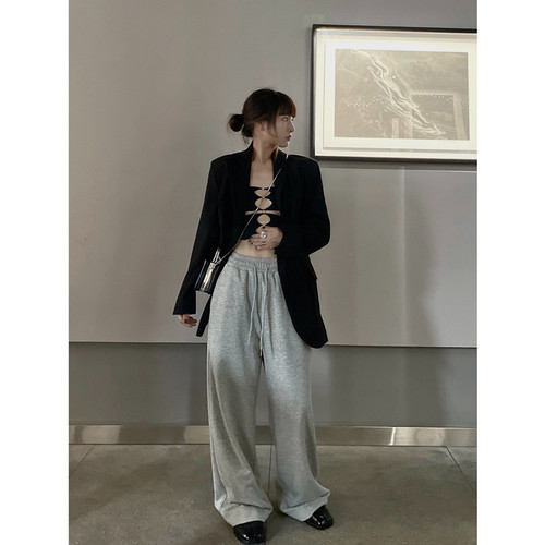 留下时髦欧美百搭风简约运动裤