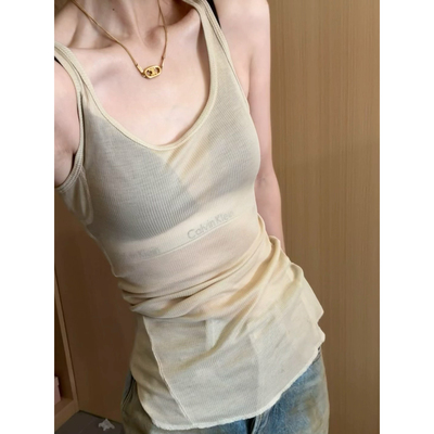 修身无袖吊带拼接天丝背心女