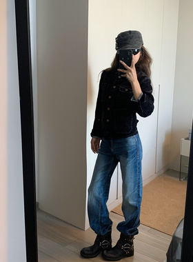 留下 1992 早秋新品百搭显瘦窄版直筒裤女重工水洗蓝色牛仔裤女