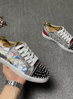 2025春秋新款CL铆钉红底男鞋系带水钻休闲运动板鞋网红爆款潮牌鞋