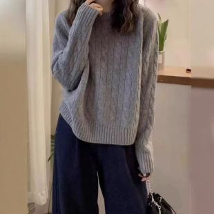 秋冬新款韩版女士羊毛毛衣加厚套头复古扭花慵懒风针织衫上衣女冬