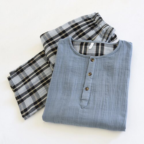 【超软色织棉纱睡衣】春夏全棉双层纱家居服套装男士纯棉363