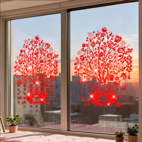 新年发财树玻璃贴闪粉装饰贴纸2026马年窗贴窗花春节静电贴门贴